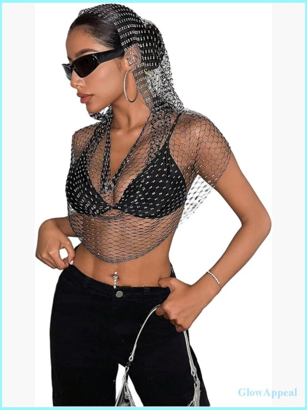 Rhinestone Fishnet Mesh Hoodie Sleeveless Crop Top Sheer Clubwear